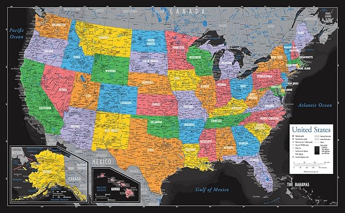 2 Pack - Laminated World & US Map Poster Set - Wall Chart Map of the World & United States - Made in the USA [Black]