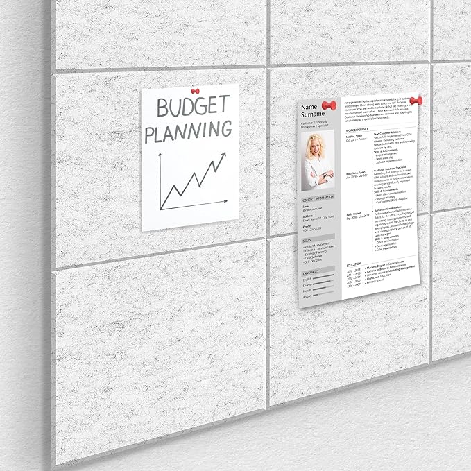 Large Cork Board for Office White Grey Felt Board Alternative-12 Pack Felt Wall Tiles for Office Wall Decor,Felt Bulletin Board Tiles,Push pin Board Wall Organizer for Office