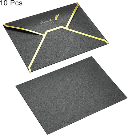 PATIKIL V Flap Envelopes, 10 Pack 7 x 5'' Luxury Style Gold Border Greeting Card Envelope for Invitations Weddings, Black