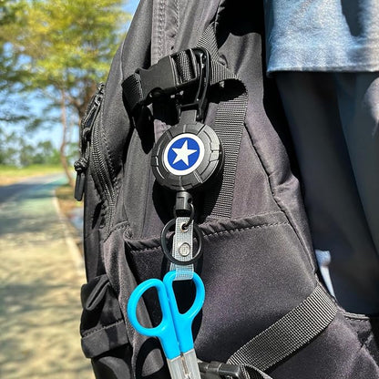 Rotating Blue Star Faceplate Badge Reel with Retractable Steel Wire Keychain, Heavy Duty Carabiner Holder, Ideal for Key & Card Storage Gift for Men