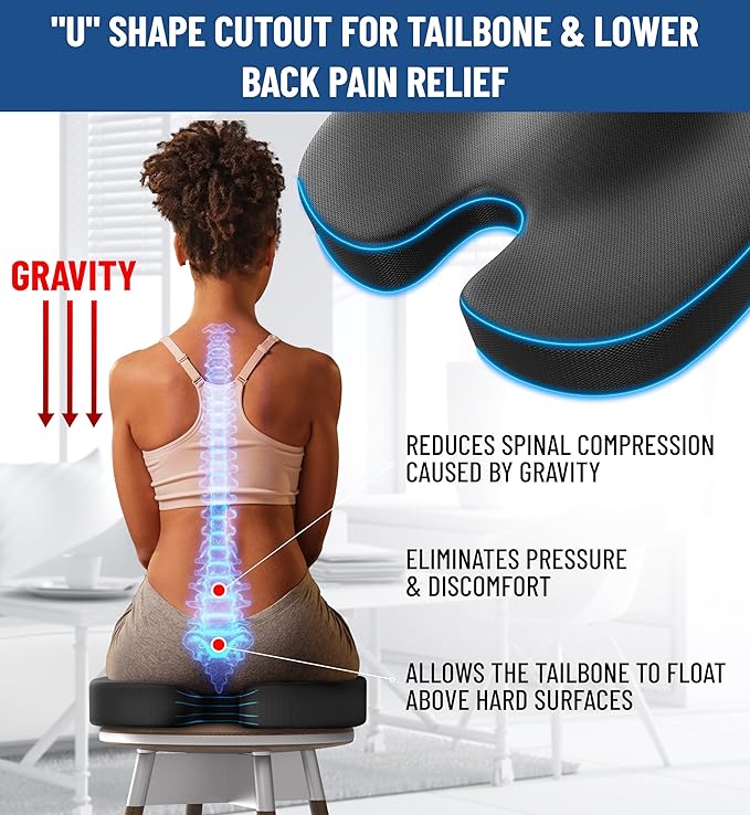 Everlasting Comfort Doctor Recommended Memory Foam Seat Cushions for Office Chairs - HSA FSA Eligible Tailbone Pain Relief Cushion, Sciatica & Back Support, Office Chair Cushion & Car Seat Cushion