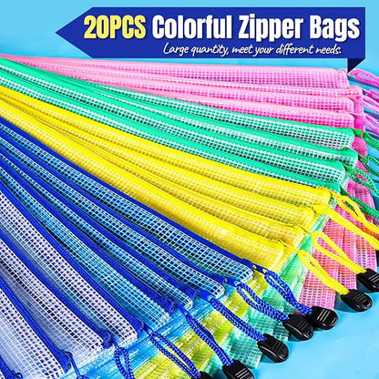 LEOBRO 20PCS Mesh Zipper Pouch, A4 Letter Size Mesh Bags with Zipper, Document Bags, Plastic Envelopes Zip File Folders, Storage Bags for Organization, Travel, File Jackets & File Pockets