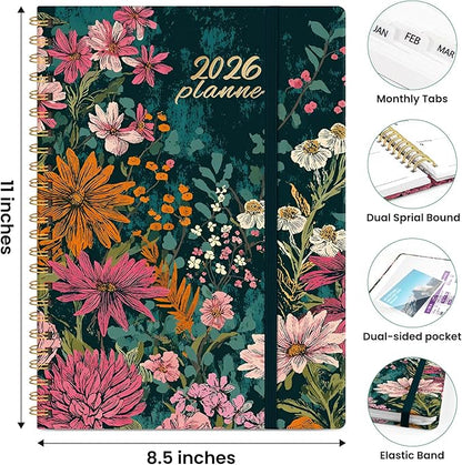 2026 Planner, Weekly and Monthly Planner for Women, January 2026 to December 2026, Pretty Hardcover 2026 Calendar Planner Book with Tabs, Inner Pocket, Spiral Bound, Perfect Office Home School Supplies - 8.5" x 11", Wildflower Reverie