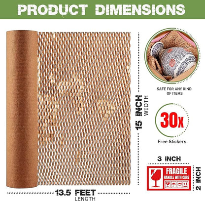 Honeycomb Packing Paper 15 Inch x 135 Feet with 30 Fragile Stickers – Eco-Friendly Honeycomb Wrap for Packing Fragile Items – Recyclable Protective Wrapping Roll for Moving, Shipping, & Storage