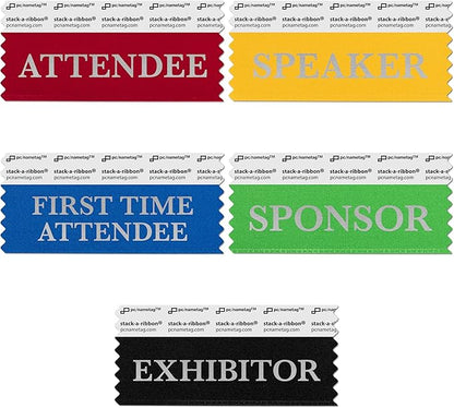 Conference Badge Ribbons with Adhesive, 3-1/2" x 1 5/8", 100pk (50 Attendee, 20 First Time, 10 Sponsor, 10 Exhibitor, 10 Speaker), Satin