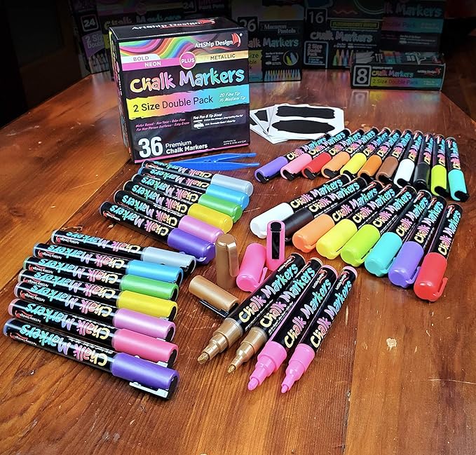ArtShip Design 36 Chalk Markers Double Pack of Both Fine & Reversible Medium Tip Liquid Chalk Pens with Labels & Tip Tweezers Wet Erase Menu Boards, Windows, Mirrors, Non-Porous Chalkboards, Metal