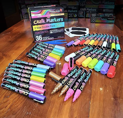 ArtShip Design 36 Chalk Markers Double Pack of Both Fine & Reversible Medium Tip Liquid Chalk Pens with Labels & Tip Tweezers Wet Erase Menu Boards, Windows, Mirrors, Non-Porous Chalkboards, Metal