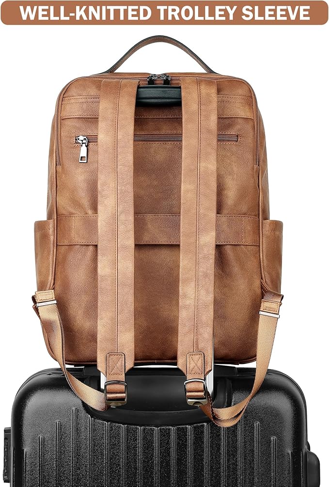 MASINTOR 15.6 inch PU Leather Laptop Backpack Purse for Women, Large College Casual Backpack Travel Bag Mocha Brown