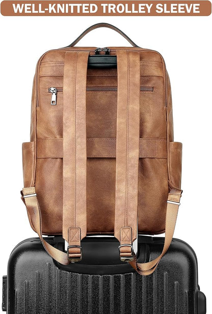 MASINTOR 15.6 inch PU Leather Laptop Backpack Purse for Women, Large College Casual Backpack Travel Bag Mocha Brown
