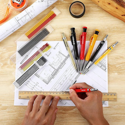 Enhon 6PCS Carpenters Pencils Mechanical Pencil Set with 24 Refills and Carbide Scriber Tool, Deep Hole Woodworking Pencils Joiners Pencil Carpenter Tools with Sharpener for Architect Construction