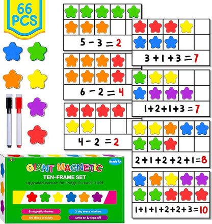Magnetic Ten-Frame Set, 6 Frames & 66 Colorful Star-Shaped Counters Ten Frame Math Games Manipulative Counting Toys for Kindergarten Preschool, 6 Colors & 2 Markers (Fridge & Hand-held)