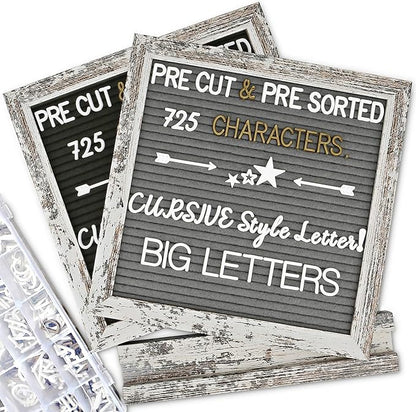Double Sided Felt Letter Board with Rustic Wood Frame 10x10 Inch - Pre Cut & Sorted 725 Letters with Stand, Cursive Style Letters, Big Letters, Letter Organizer, Tabletop Display