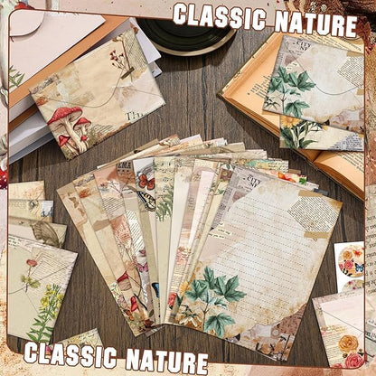 TaoBary 160 Packs Stationery Paper Set (50 Double Sided Stationery Writing Papers 50 Matching Envelopes) 60 Round Dot Sticker, 10 Design(5.5 x 8.25 Inch,Nature Vintage Style)