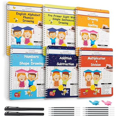 Magic Practice Copybook 6 Workbooks with Disappearing Ink Pens, Reusable Handwriting Practice for Kids, Calligraphy Practice Letter Tracing Books for Kids ages 3-5 (8.7×6.9in)