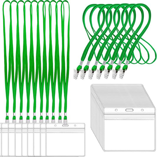 100Pcs Clear Plastic Horizontal Name Tags Badge ID Card Holders and 100Pcs Lanyards with with Clip lanyards for id Badges (Green)