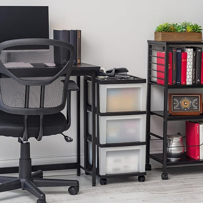 IRIS USA Plastic Drawer Storage Organizer Rolling Cart, with Wheels Casters, 3-Drawers, for Classroom Art Craft Supplies Dresser Closet Bathroom Dorm Bedroom Laundry Room, Black/ Pearl