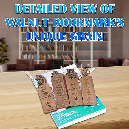 Cat Bookmark – Set of 4 Wooden Bookmarks with Tassels, Made from Walnut Wood,Funny Bookmark Gift for Men and Women, Novelty Gag Bookmark for Book Lovers,Christmas Stocking Stuffer