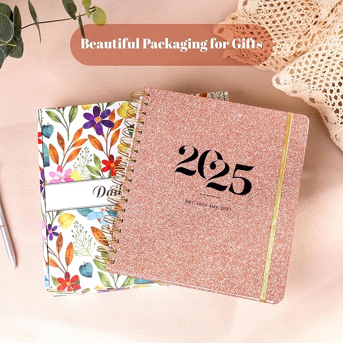 2025 Hardcover Planner Weekly and Monthly, Dec 2024–Dec 2025, Large Spiral Bound Planners 2025 for Women Gifts, 8.3" x 9.3",13 Month Calendar with 13 Tabs, 3 Sticker Sheets, Pink