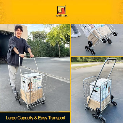 Wellmax 2-Pack Shopping Utility Cart with Stair Climber, Collapsible Folding Cart for Grocery, X-Large and Large (Black and Silver)