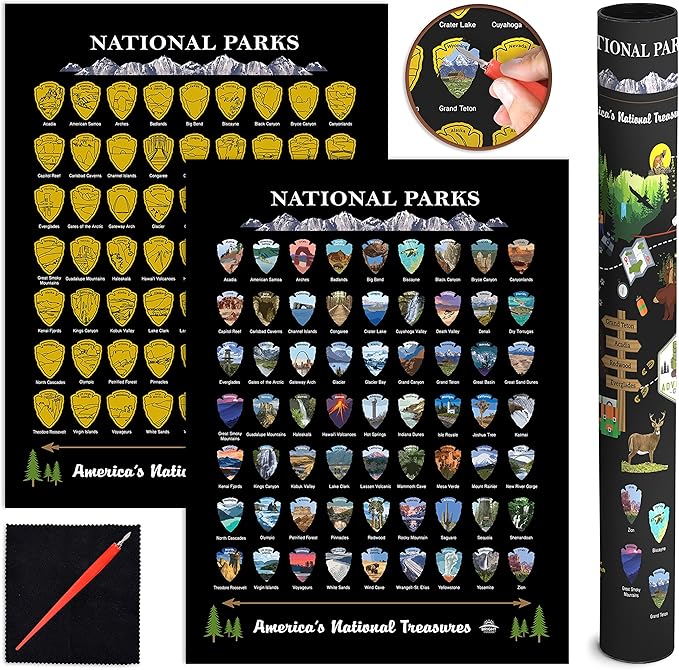 Bright Standards National Parks Scratch Off Map of United States Poster, ALL 63 National Parks Map, US Travel Maps, USA Gifts for Travelers Road Trip Adventure, Fits 12”x16” frame (Black/Gold)