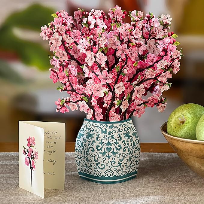 Freshcut Paper Pop Up Cards, Cherry Blossoms 12 inch Paper Flower Bouquet Greeting Cards with Blank Note Card & Envelope, Birthday Gifts for Women