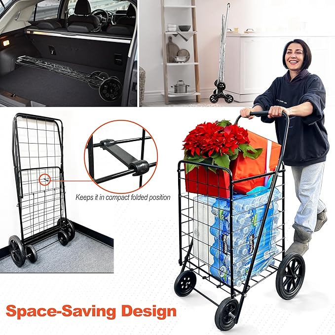 Wellmax 2-Pack Shopping Utility Cart with Stair Climber, Collapsible Folding Cart for Grocery, X-Large and Large (Black and Silver)