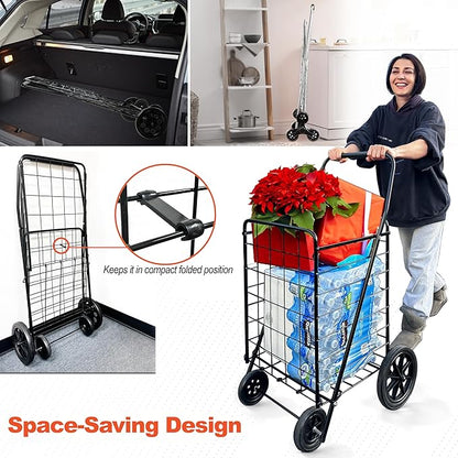 Wellmax 2-Pack Shopping Utility Cart with Stair Climber, Collapsible Folding Cart for Grocery, X-Large and Large (Black and Silver)