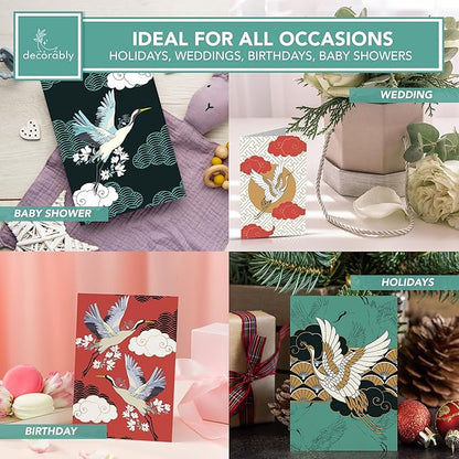 Decorably 24 Pack 4x6in Crane Note Cards with Envelopes and Stickers, 12 Adorable Designs Crane Notecards Envelopes Set, Blank Inside - Baby Shower, Kid's Party, Birthday