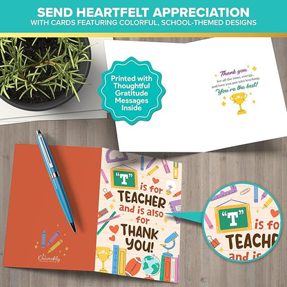 Decorably 24 Pack 4x6in Teacher Appreciation Cards with Envelopes and Stickers, 8 Colorful Designs Teacher Thank You Cards from Students with Printed Message Inside