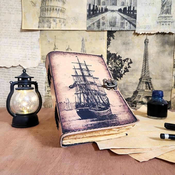 Finun-Lthr Sailing Ship Leather Journal Dairy Notebook Sketchbook | 200 Deckle Papers | C-Shape Lock for Closure (7 * 5 inch)