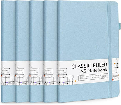feela 5 Pack Notebooks Journals Bulk, Hardcover Notebook Classic Ruled Lined Journals with Pen Holder for Women Girls School Business Supplies, with 5 Black Pens, 120 GSM, 5.1”x8.3”, A5, Light Blue