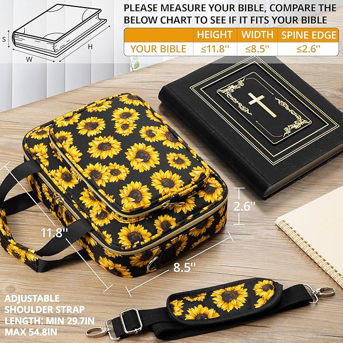 Bible Cover for Women Bible Case, Large Bible Bag w/Shoulder Strap, Bible Study Supplies Bible Journaling Kit Book Carrying Case with Bible Highlighters Tabs, Christmas Christian Gifts for Women Lady