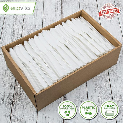 100% Compostable Knives - 500 Large Disposable Utensils (7 in.) Bulk Size Eco Friendly Durable and Heat Resistant Alternative to Plastic Knives with Convenient Tray