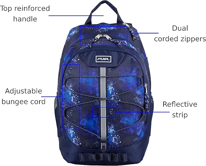 FUEL Hiking Backpack for Women Men Terra Sport, Travel, College, Gym, Work with Laptop Sleeve, Bungee, 18 Inches, Dark Blue Galaxy
