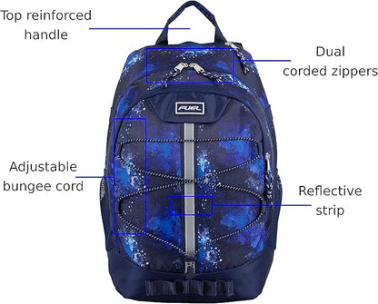 FUEL Hiking Backpack for Women Men Terra Sport, Travel, College, Gym, Work with Laptop Sleeve, Bungee, 18 Inches, Dark Blue Galaxy