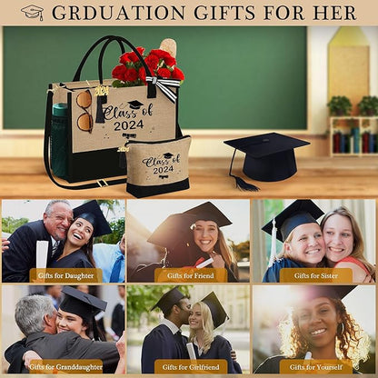 YOOLIFE Christmas Gifts for Women - Initial Jute Tote Bag & Makeup Bag, Birthday Gifts for Women Her Mom Teacher Friend