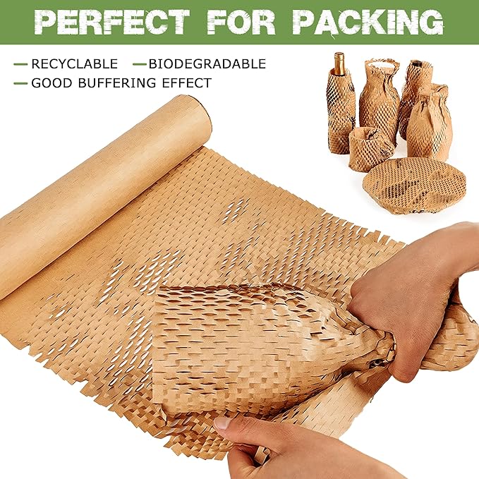 Honeycomb Packing Paper 15 Inch x 135 Feet with 30 Fragile Stickers – Eco-Friendly Honeycomb Wrap for Packing Fragile Items – Recyclable Protective Wrapping Roll for Moving, Shipping, & Storage