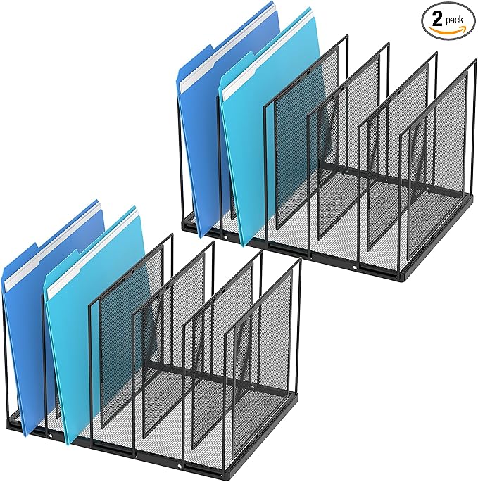 Inclined Desktop File Sorter, 5-Section Vertical File Folder, Mail Sorter Organizer for file holders, Metal File Organizer, Desktop File Folder Organizer for Office Classroom, Black 2 PACK