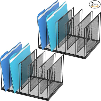 Inclined Desktop File Sorter, 5-Section Vertical File Folder, Mail Sorter Organizer for file holders, Metal File Organizer, Desktop File Folder Organizer for Office Classroom, Black 2 PACK