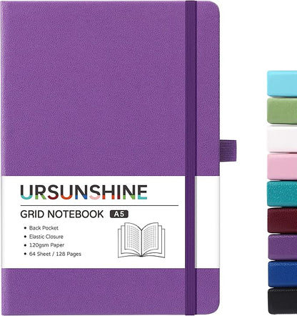 Graph Grid Paper Notebook/Journal - Classic Journal/Notebook with Ribbon Divider, Hardcover with Thick Paper, 5.3" x 8.26", Banded + Pen Holder +Inner Pocket - Purple