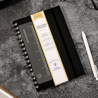 Yoment Graph Paper Spiral Notebook A5 Graphing Notebook 160 Pages Graph Paper Notebook Spiral Bound Waterproof Plastic Hardcover Spiral Journal 5x7 Grid Notebooks for Note Taking,Black