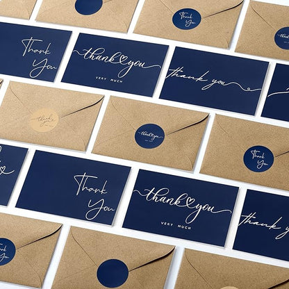 100 Bulk Navy Thank You Cards with Kraft Envelopes and stickers - 4 Minimalistic Designs Blank Thank You Notes with Envelopes Matt for business Wedding Bridal Gift Baby Shower Business Graduation