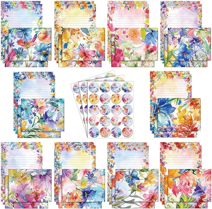 TaoBary 160 Packs Stationery Paper Set (50 Double Sided Stationery Writing Papers 50 Matching Envelopes) 60 Round Dot Sticker, 10 Design(Watercolor Flowers,5.5 x 8.25 Inch)
