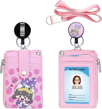 Cute ID Badge Holder Retractable Lanyard Reel Clip with Heavy Duty Carabiner,5 Card Slots in2 Sided with Key Ring and Zipper for Students Teens Boys Girls Office Staff Women (Purple Girl)