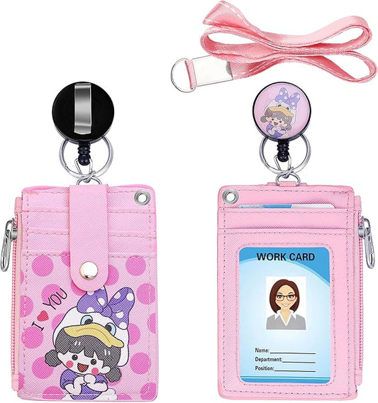 Cute ID Badge Holder Retractable Lanyard Reel Clip with Heavy Duty Carabiner,5 Card Slots in2 Sided with Key Ring and Zipper for Students Teens Boys Girls Office Staff Women (Purple Girl)
