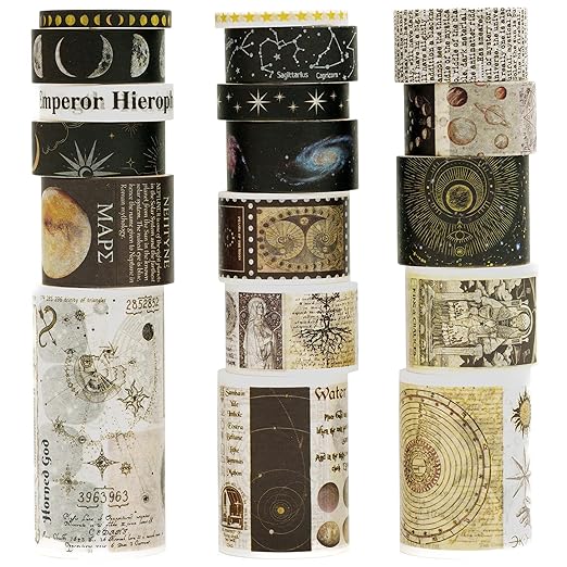 18 Rolls Vintage Washi Tape Pack Retro Arts Adhesive Tapes Wide Monologue Decorative Masking Tape Sets for Craft, Kids, Scrapbook, DIY, Gift Wrapping (Universe Milky Way)