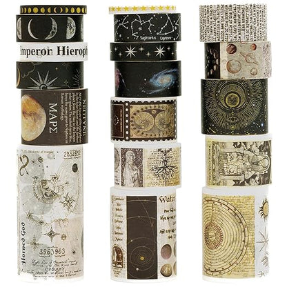18 Rolls Vintage Washi Tape Pack Retro Arts Adhesive Tapes Wide Monologue Decorative Masking Tape Sets for Craft, Kids, Scrapbook, DIY, Gift Wrapping (Universe Milky Way)
