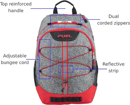 FUEL Hiking Backpack for Women Men Terra Sport, Travel, College, Gym, Work with Laptop Sleeve, Bungee, 18 Inches, Grey Static Dots