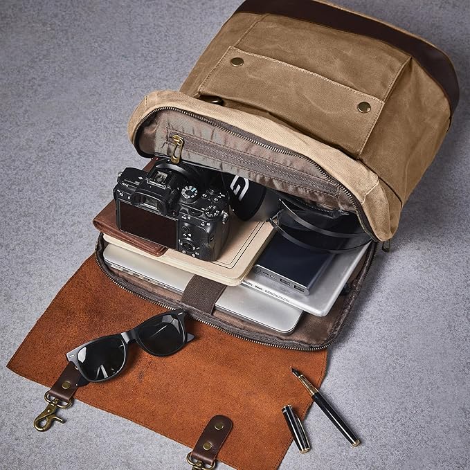 Vintage Waterproof Waxed Canvas Leather Backpack for Men Women 15.6" laptop Travel Rucksack