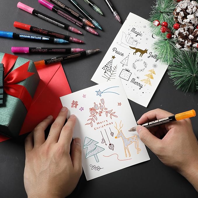 Mr. Pen- Double Line Outline Markers, 24 Colors, Shimmer Markers Outline Double Line, Metallic Outline Markers Self-Outline Metallic Markers, Outline Pens, Outline Marker, Outline Markers for Drawing